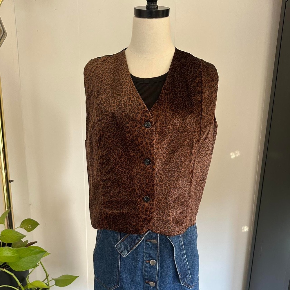 Sostanza Womens XL Leopard Print Velvet Vest Button Front Y2K Brown Plus Size